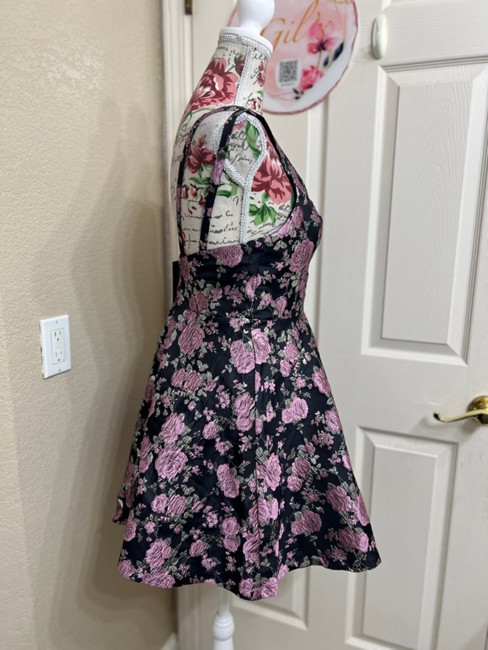 Lulu's Black Mini Dress with Pink Floral Jacquard - Picture 3 of 10
